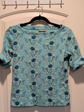 Style & Co. Aqua Floral Boatneck Short Sleeve Top
